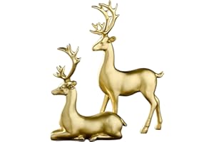 Fenteer 2pcs Resin Elk Deer Statue,Home Decor Ornaments, Photo Props Tabletop Centerpieces - Golden Elk Deer