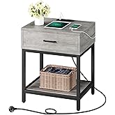 GAOMON Grey Nightstand with Charging Station End Side Table with Storage Drawer and Shelf, Modern Night Stand Bedside Table for Bedroom Living Room, Nursery, Dorm