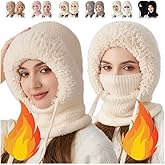 3 in 1 Beanie Hat with Scarf and Mask, Womens Knit Beanie Hat, Knitted Ski Scarf and Mask Set, Balaclava Hats