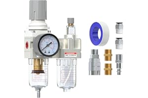 AIRZOE 1/4" NPT Compressed Air Filter Regulator Lubricator Combo, Air Compressor Water Separator AC2010-02,5 Micron Brass Element Semi-Auto Drain,0-145 psi Gauge