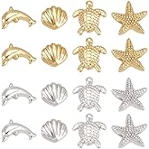 PH PandaHall 16pcs 4 Styles Marine Theme Beads: Sea Animals, Shell, Starfish, Dolphin, Tortoise - Brass, Spacer Beads for Bracelets, Necklaces, Earrings - Platinum, Golden