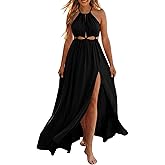 BTFBM Women Halter Summer Dresses 2026 Sleeveless Cutout Backless Sundress Slit Boho Maxi Beach Wedding Guest Dress