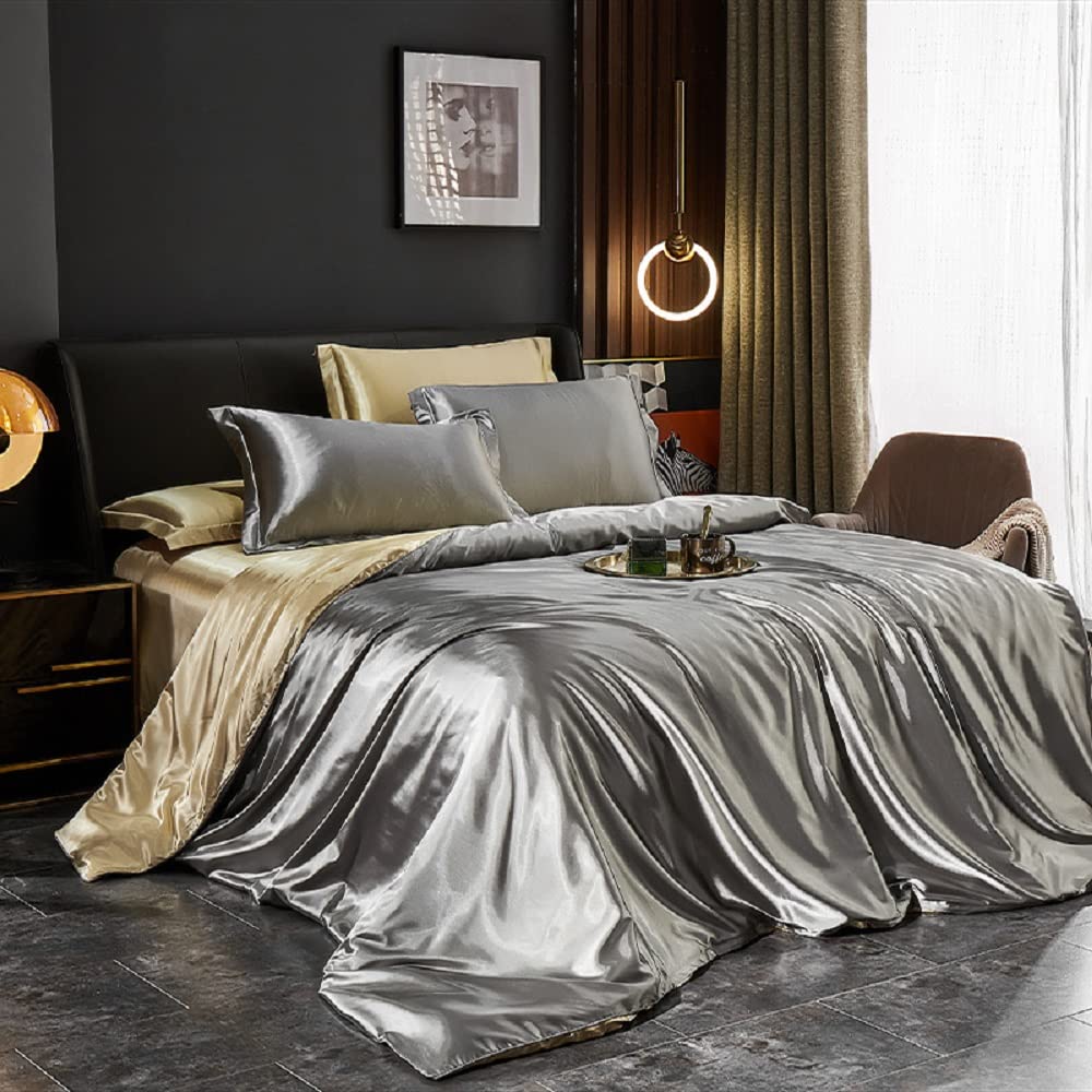 Lanqinglv Single Duvet Cover Set Grey and Gold Silky Satin Luxury Bedding Set Single Bed Smooth Shiny Quilt Cover 135x200cm with Zipper Closure and 1 Pillowcase 50x75cm