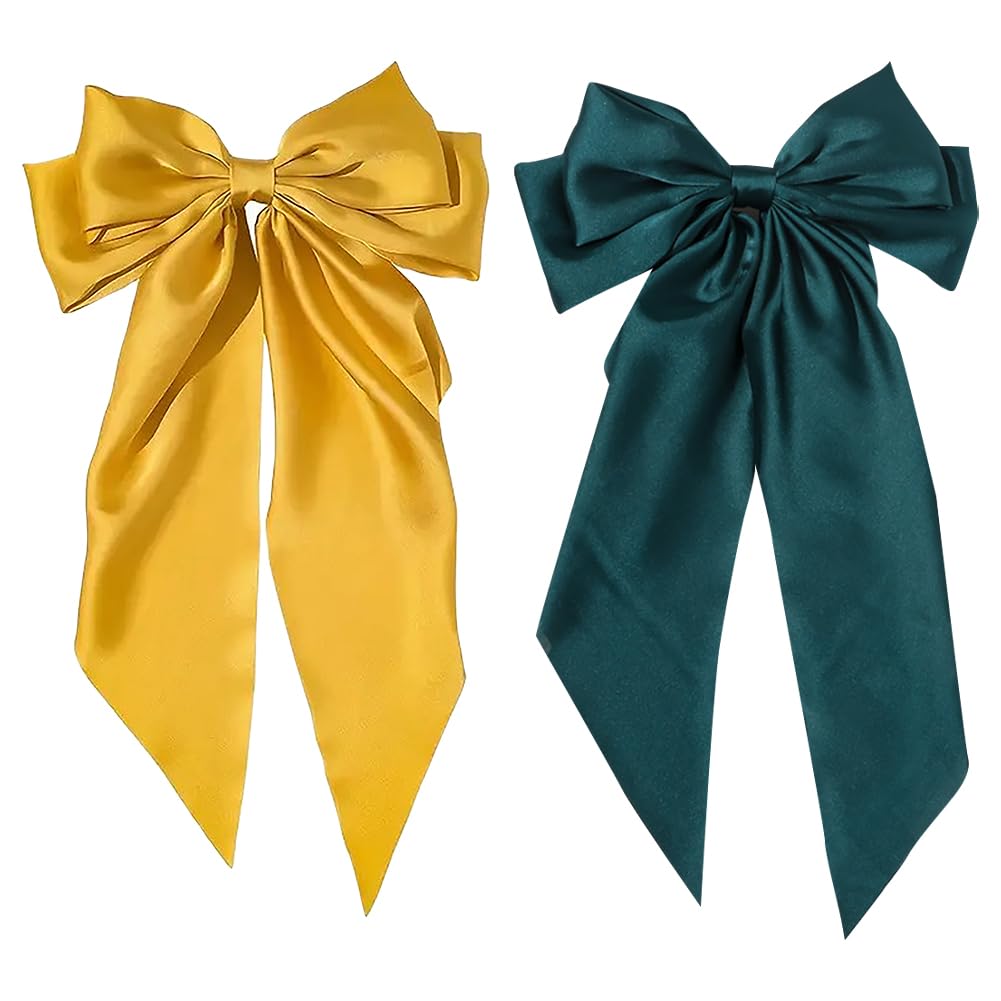 JIHUOO 2 Pcs Big Satin Hair Bow Clips Large Layered Hair Bows Ribbon Hair Barrettes Soft French Hair Bows Ribbon Bowknot Hair Clips for Girls Women Yellow and Green โ image 1