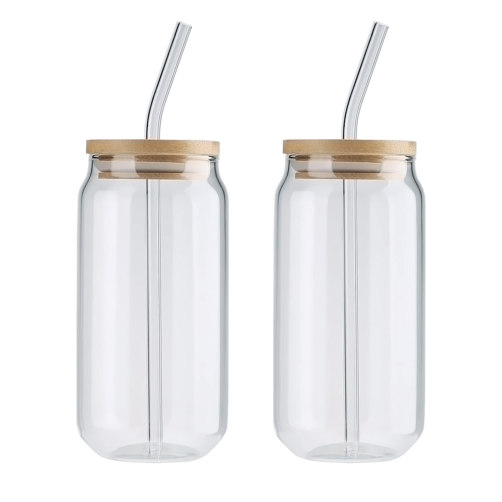 Drinking Glasses Cups with Lids and Glass Straws, Can Shaped Beer Glasses Iced Coffee Glasses Cups Transparent Tumbler for Ice Tea Water Wine Cocktails Whiskey(2pcs S + bamboo cover + straw)