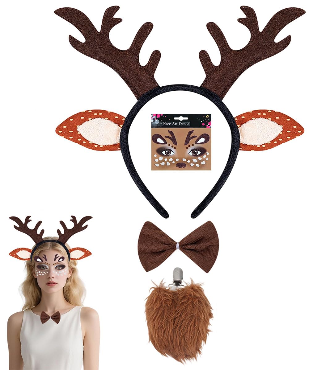 SHIFANQI Reindeer Costume Adult, 4PCS Deer Ears Alters Headband, Face Tattoo Stickers, Bow Tie & Tail Costumes Set for Women Girls Christmas Party Cosplay Outfit Fancy Dress Up