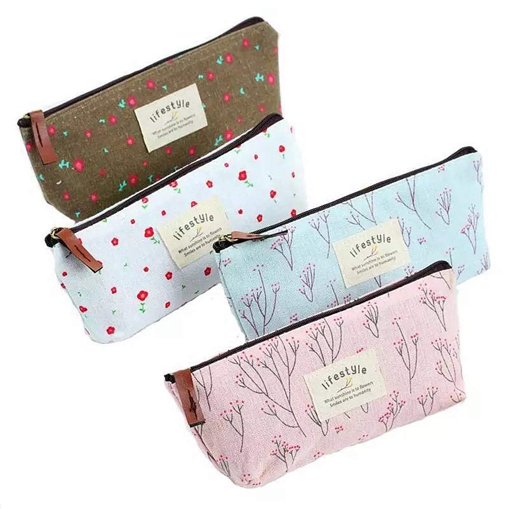 Pencil Case, Flower Pencil Pouch Canvas Canvas Storage Bag for Stationery, Cosmetics, Travel Zipper Bag, Small Coin Purse (4 Pack), Multicoloured, Retro, Multicolored, Retro