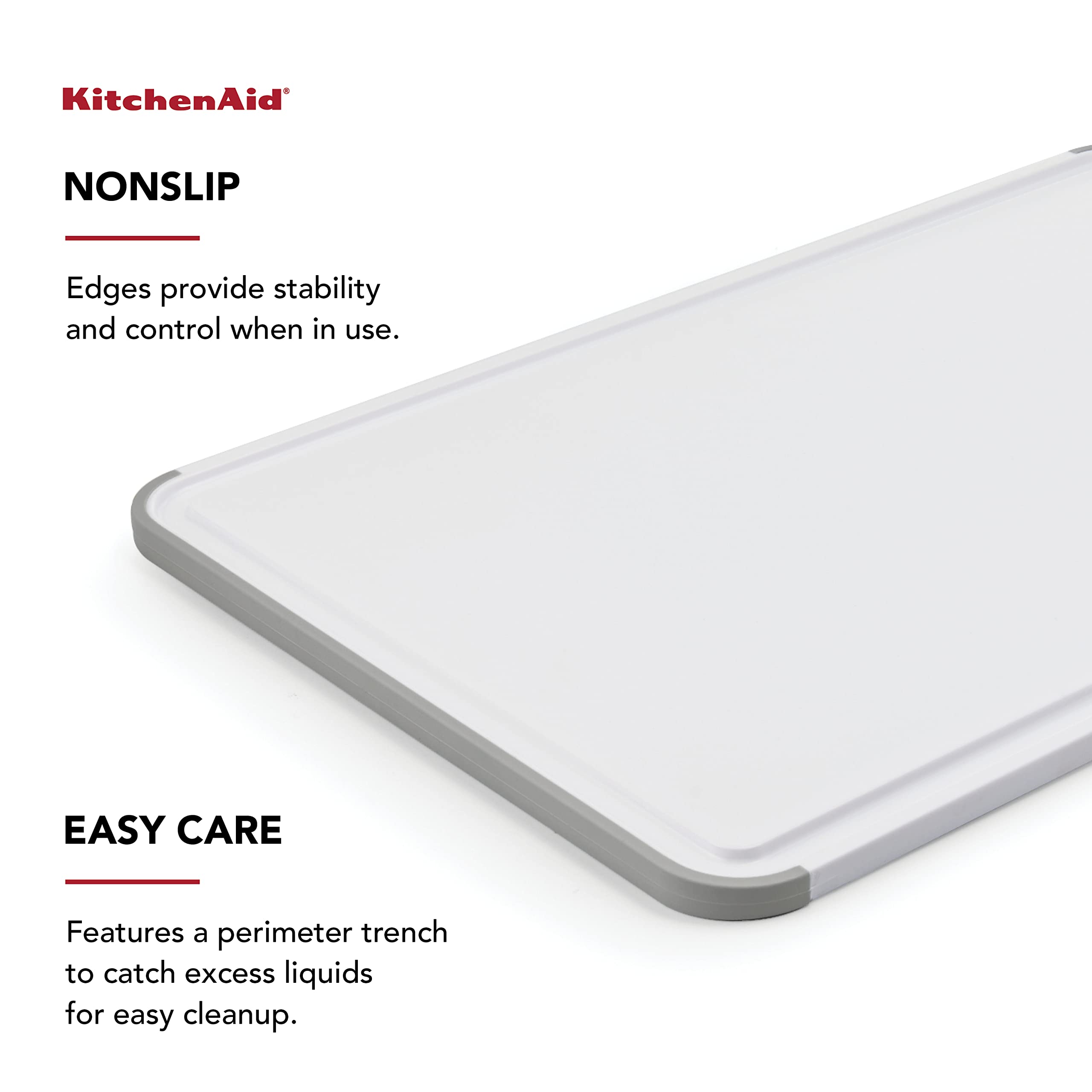 KitchenAid Classic Plastic Cutting Board with Perimeter Trench and Non Slip Edges, Dishwasher Safe, 12 inch x 18 inch, White and Gray