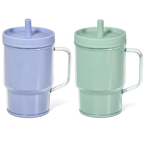 FECBK 2 Pack Baby Straw Cup 9 oz Silicone Baby Training Cup Shatterproof Toddler Sippy Cups with Leak-Resistant Straw and Toddler-Friendly Handle, Mini Tumbler for Babies & Toddlers, Green & Blue