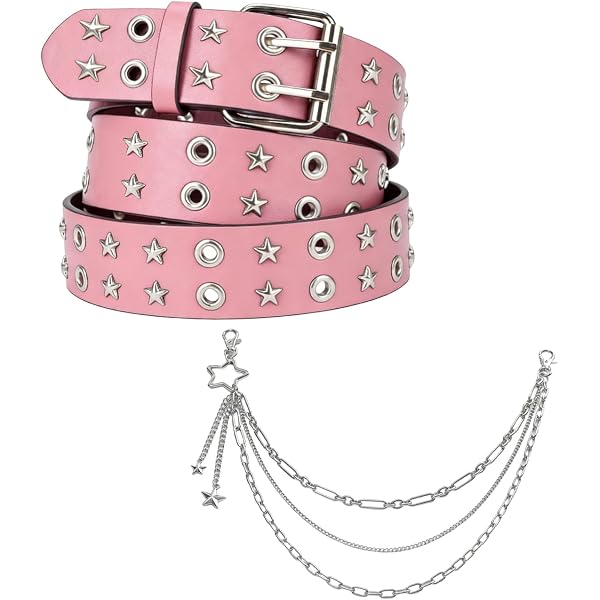 Pink Solid Full Grain Leather Star Stud Belt Eyelets Double Hole Pink Leather Belt 2 Holes Grommets Double Hole Double Prong  main image 4