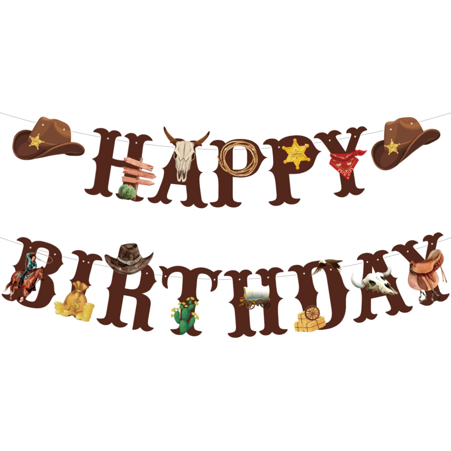Photo 1 of Western Cowboy Theme Wild West Party Decoration,Pre-Strung Happy Birthday Banner,Retro Horse Rodeo Party Supplies for Boys,Cowboy Hat Horses Garland for Boys Birthday Party