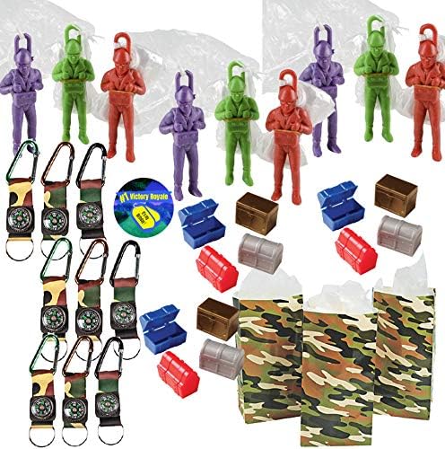 Video Gamer Party Favors for 12 - Paratroopers 4 Inch (12), Compass with Clip (12) Mini Treasure Chests (12), Camouflage Treat Bags (12) and Party Sticker (Total 49 Pieces) (Multi-Colored Chests)