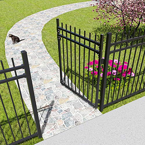 XCEL - Black Steel Anti-Rust Fence Gate - Flat End Pickets - 4ft W x 5ft H - Easy Installation Kit, for Residential, Outdoor, Yard, Patio, Entry Way, on Soil or Concrete, 3-Rail Metal Gate - Thumbnail 4