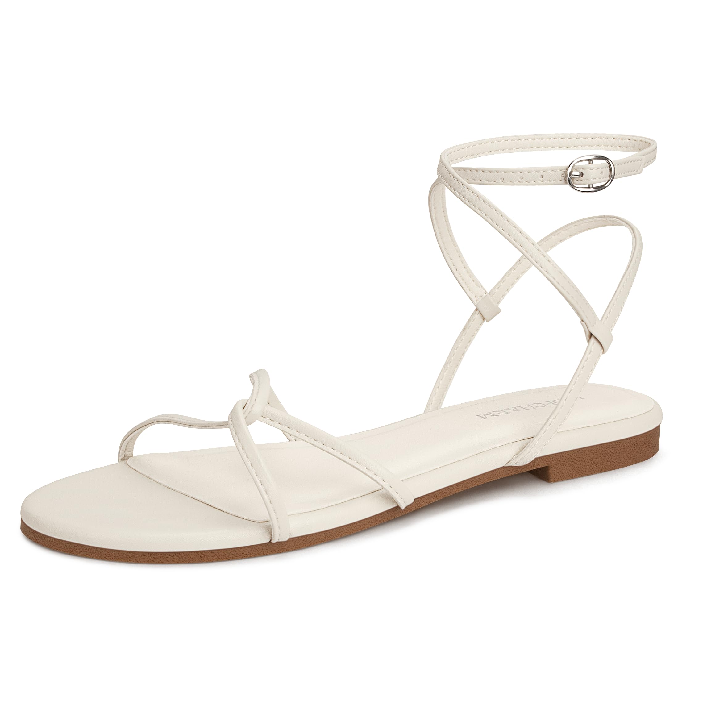 Photo 1 of ***SHOWS HEAVY SIGNS OF USAGE*** LOOPCHARM Women's Flat Sandals Strappy Open Round Toe Lace Up Shoes with Adjustable Ankle Strap for Summer,White Pu,9