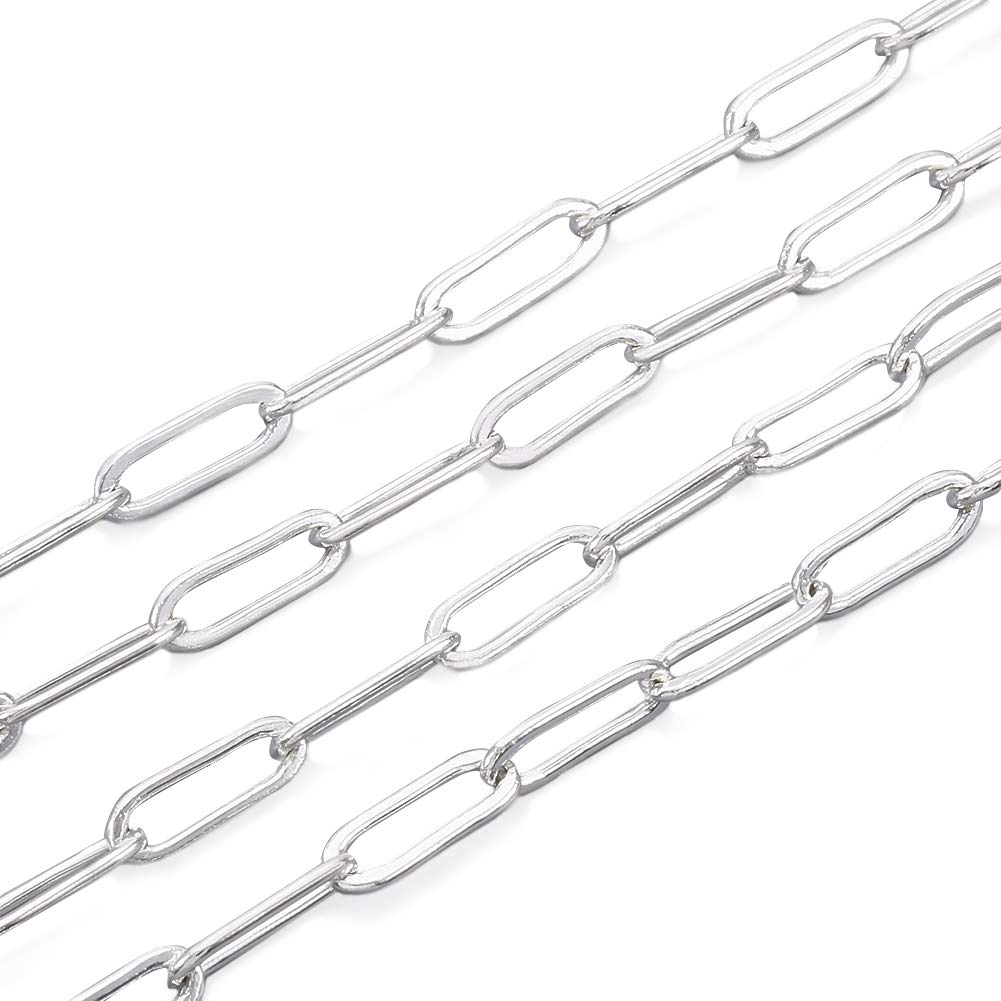 Beadthoven 16.4Ft Silver Plated Brass Paperclip Link Chains 6x2.6mm Flat Oval Soldered Drawn Elongated Cable Chains with Spool for Bracelet Anklets Choker Jewelry Making