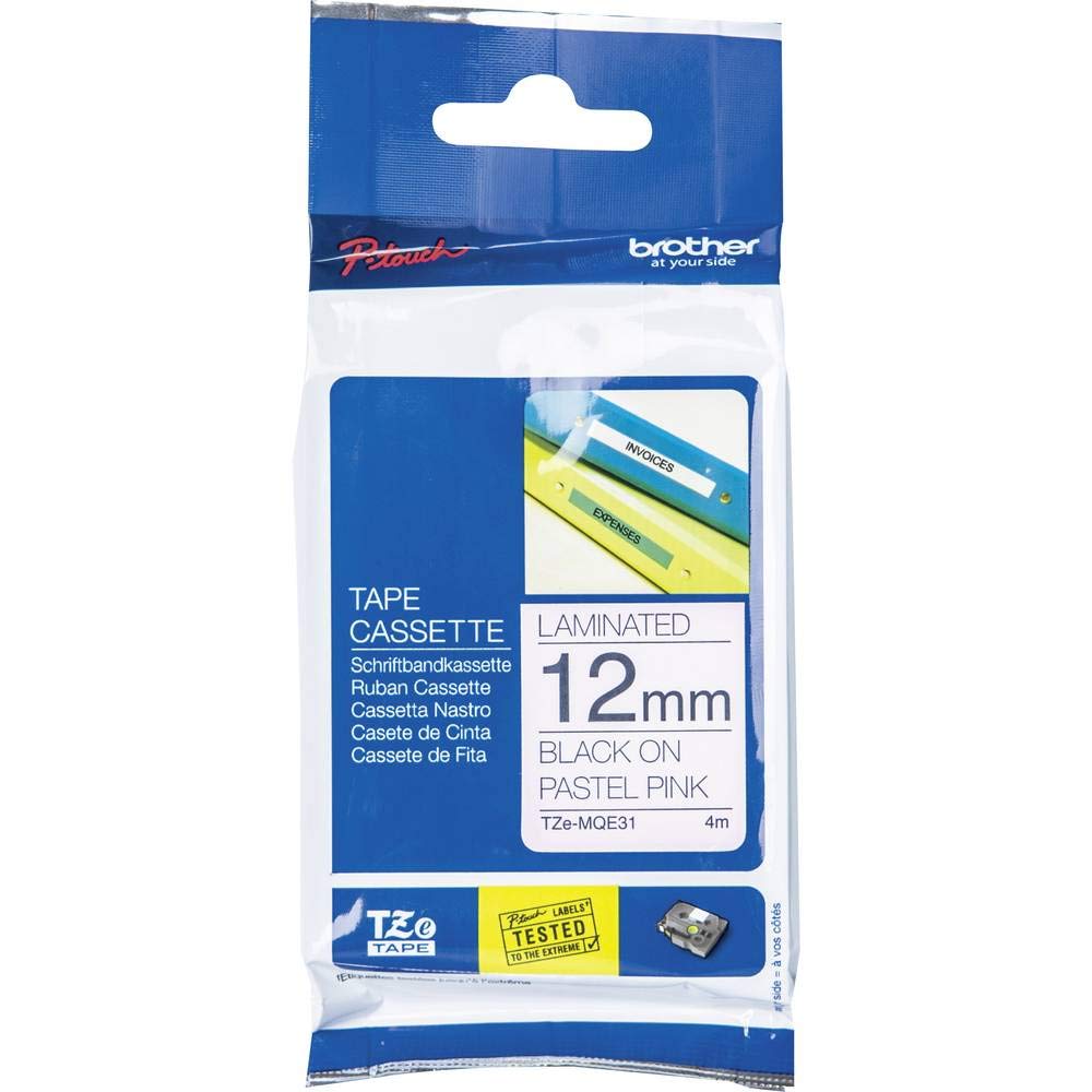 Brother TZe-MQE31 Labelling Tape Cassette, Black on Pastel Pink, 12 mm (W) x 4 m (L), Laminated, Brother Genuine Supplies