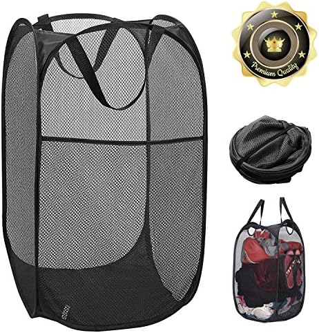 Pop-up Laundry Hamper Laundry Basket Bag with Side Pocket Mesh Clothes Handles Home Organize and Storage Sorter (Black)