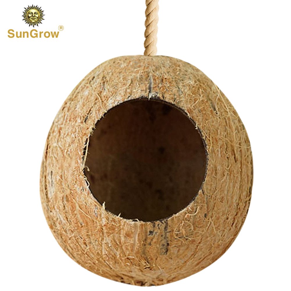 SunGrow Bird House: 100% Natural Coconut Shell: Nesting House or Bird Feeder: Sustainable Materials: Natural Textures Encourage Foot and Beak Exercise: Includes Hanging Loop