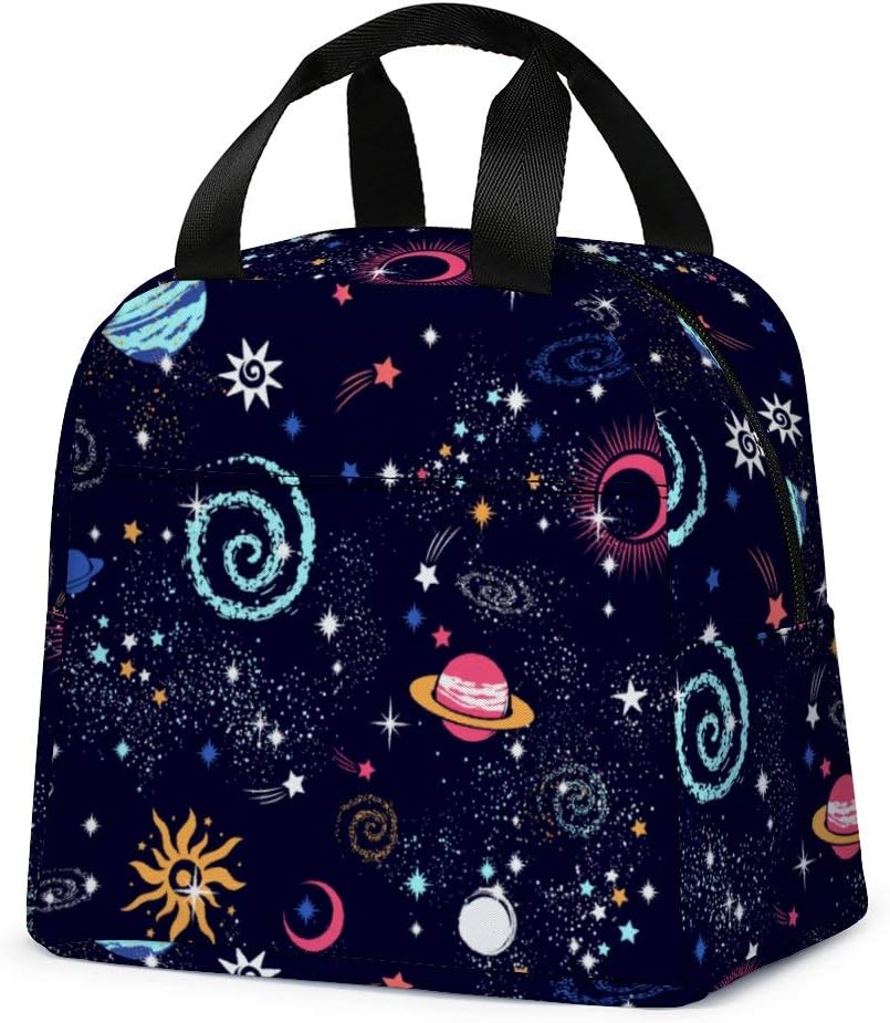 Outer Space Galaxy Lunch Bag, Reusable Tote Bag Lunch Box for Boys and Girls, Insulated Cooler Box Lunch Container with Front Pocket for Women Men Outdoor Picnic Fishing Travel Work (Dark Blue)