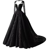 TRHTX A-line Lace Gothic Wedding Dresses for Bride Long Sleeve Black Bridal Gowns Applique V Neck Wedding Gowns with Train