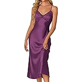 OPOIPIN Women's Satin V Neck Lace Trim Spaghetti Straps Sleeveless Chemise Lingerie Nightdress Nightgown