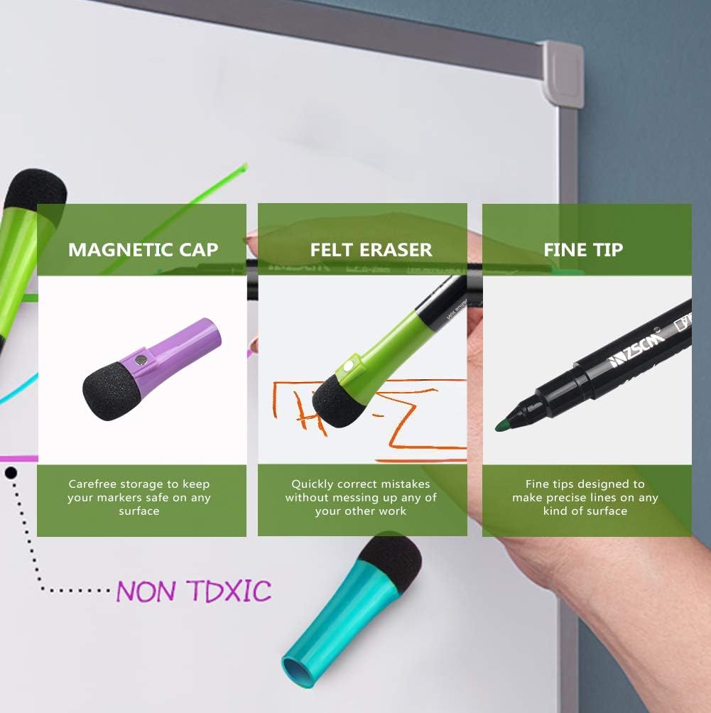 ZSCM 12 Colors Magnetic Fine Tip Dry Erase Markers with Erasers, Low Odor Fine Point Erasable Whiteboard Marker Pen for Classroom Work Office Supplies : Office Products