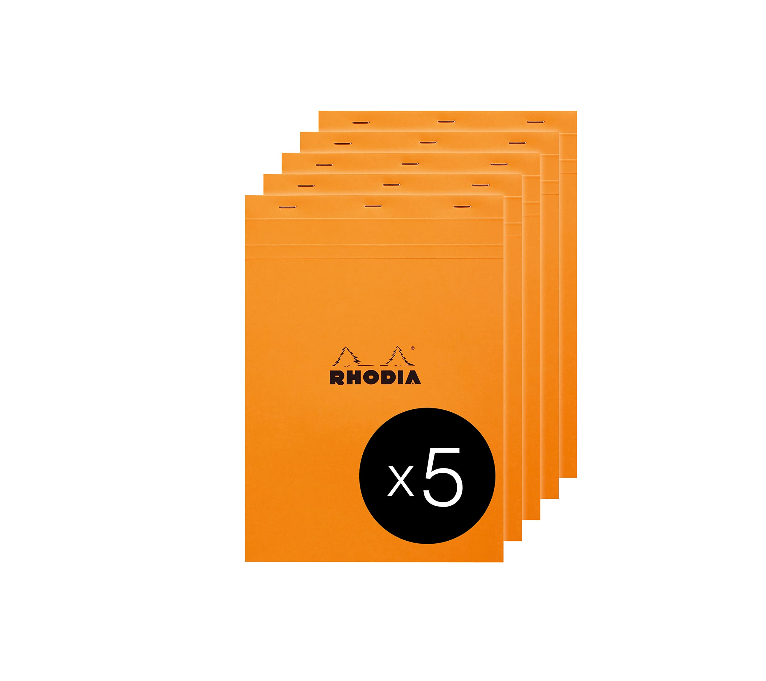 RHODIA 18200C - Stapled Notepad N°18 Orange - A4 - Small Squares - 80 Detachable Sheets - 80G Clairefontaine Paper - Coated Card Cover - Pack of 5 pads