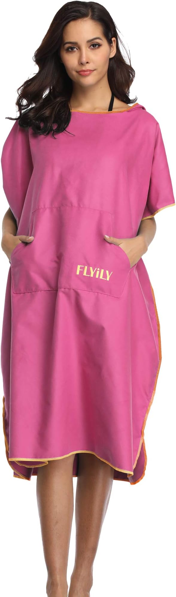FLYILY Changing Towel Poncho Hooded light weight Microfiber surf wetsuit changing with pocket, Adults/Kids beach swimming changing towel (RoseRed, Small(Fit for Kids))
