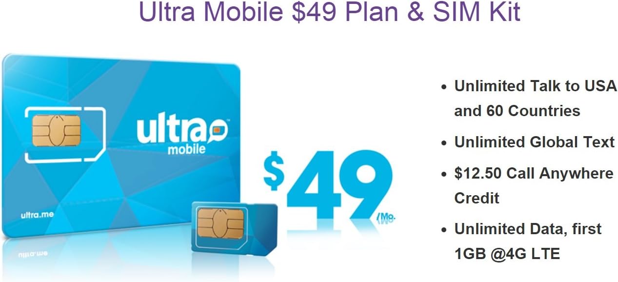 Ultra Mobile Triple Cut SIM Card w/ $49 Month Unlimited Talk Text Data International Plan Nano Micro Standard SIM Card 4G LTE Free India Calling Preloaded Activation Kit($49 Monthly Plan)