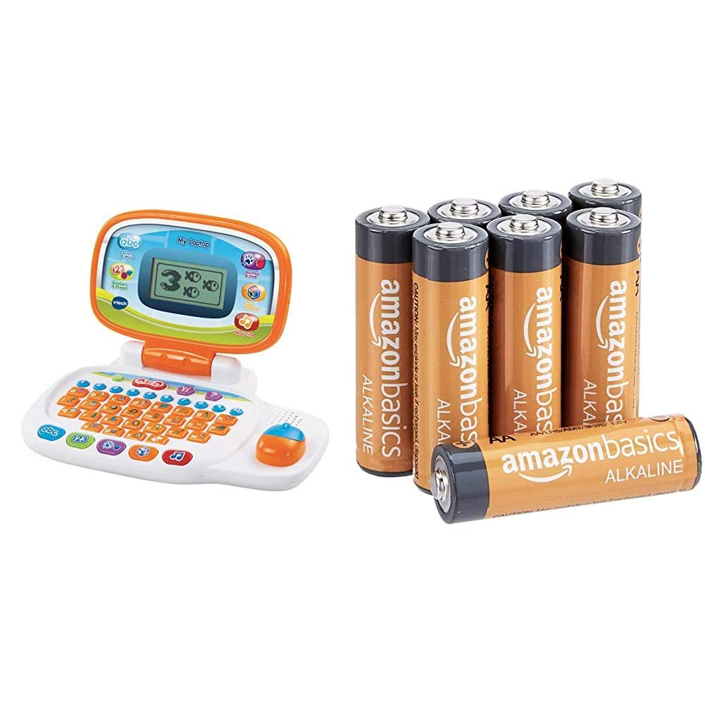 VTech 155403 Pre School Laptop Interactive Educational Kids Computer Toy with 30 Activities, White/Orange & Amazon Basics AA 1.5 Volt Performance Alkaline Batteries - Pack of 8 (Appearance may vary)