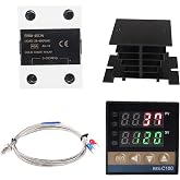 Digital PID Temperature Controller REX-C100 PID Thermostat Temperature Controller Digital REX C100 with 40DA SSR Relay K Thermocouple Probe RKC and Black Heat Sink