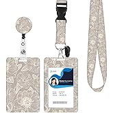 ID Badge Holder with Retractable Lanyard and Keychain, Badge Reel with Rotate Carabiner Clip,Elegant Gray Flower Card Name Tag Lanyard ID Protector Bage Clips for Teachers, Student, Women, Office