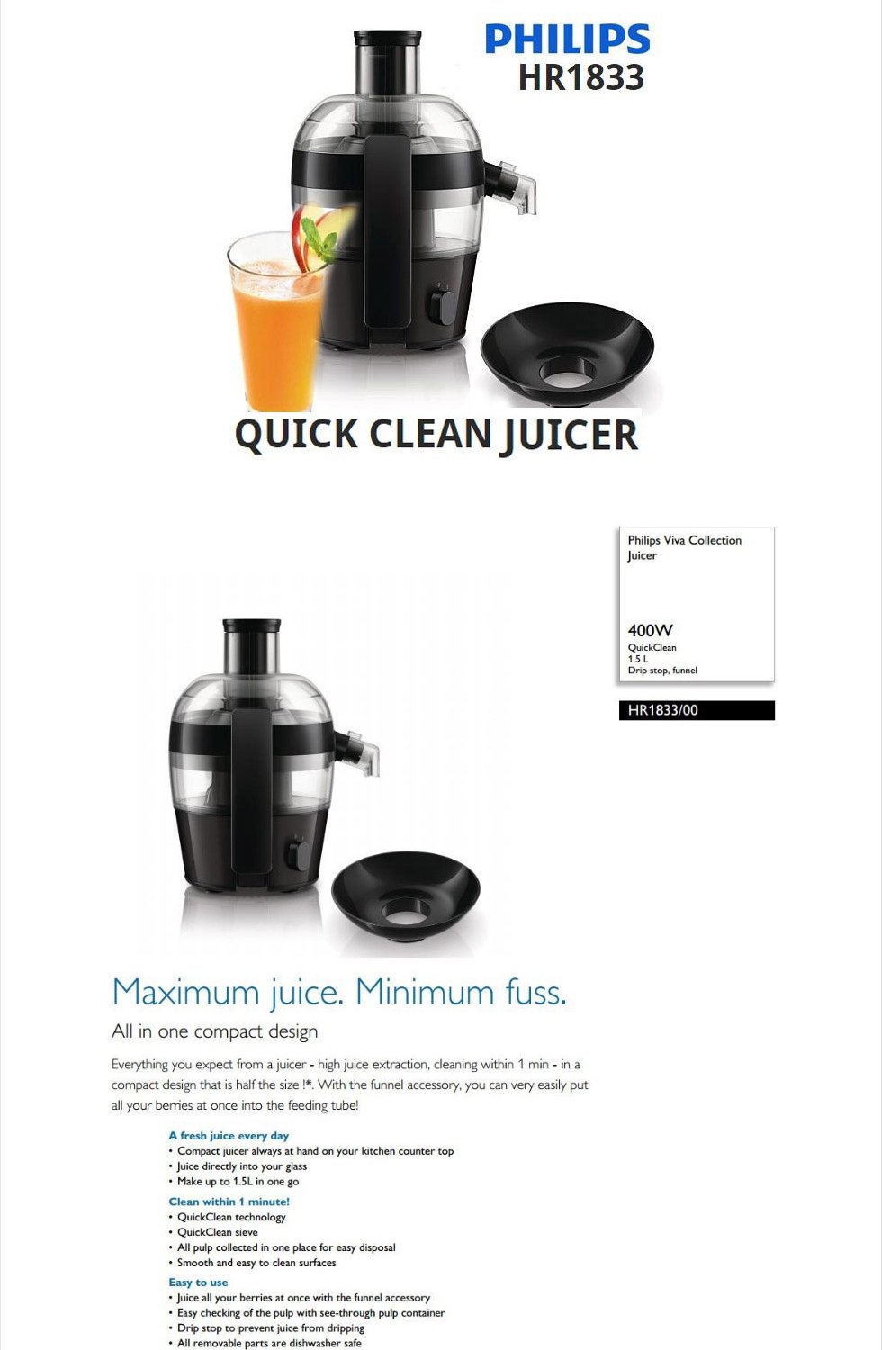 Amazon.com: Philips Viva Collection Juicer HR-1833 Quick Clean 1.5L /  Vegetable Juice PDF English Manual: Kitchen & Dining