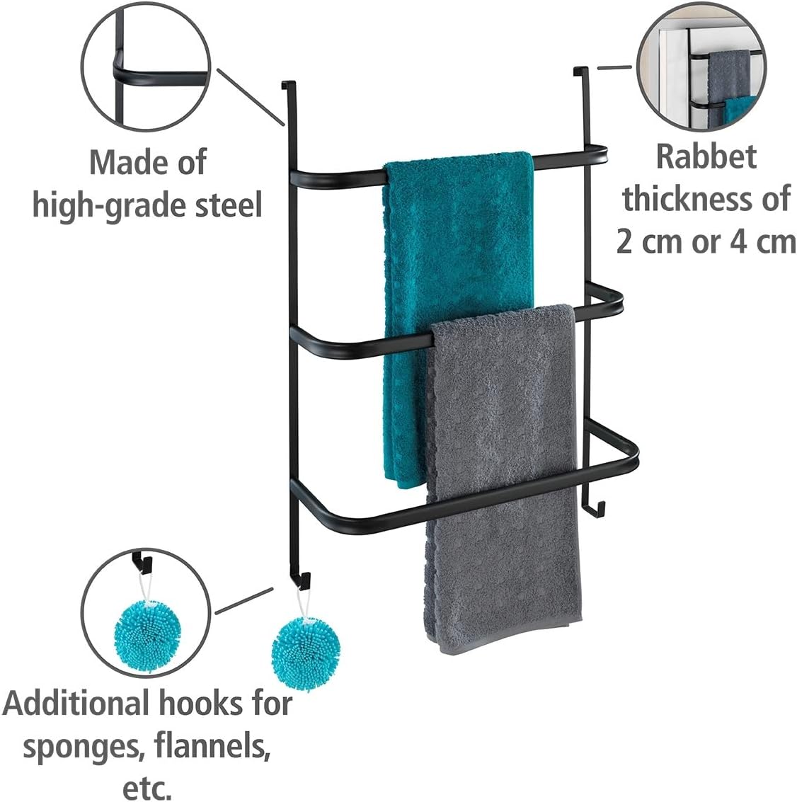 WENKO Irpinia Black Towel Rail with 3 Towel Bars, Easy to Hang On Shower Wall or Door, Steel, 54.5 x 77.5 x 21.5 cm, Black - Image 3