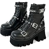 MEOTINA Platform Goth Boots for Women Chunky Heel Lace Up Ankle Boots Black Combat Boot Rave Booties with Zipper Buckle Gothic Shoes