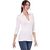 AmélieBoutik Women Collared V Neck 3/4 Sleeve Polo Shirt