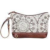 Myra Summer Mist Pouch - 12x6" Western Travel Makeup Bag, Organizer with Canvas and Leather Wrist Strap, Small Travel Toiletry Bag for Women, Compact Cosmetics Case, Cute Skincare Pouch, Boho Gift