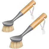 MR.SIGA Dish Brush with Bamboo Handle Built-in Scraper, Scrubbing Brush for Pans, Pots, Kitchen Sink Cleaning, Pack of 2