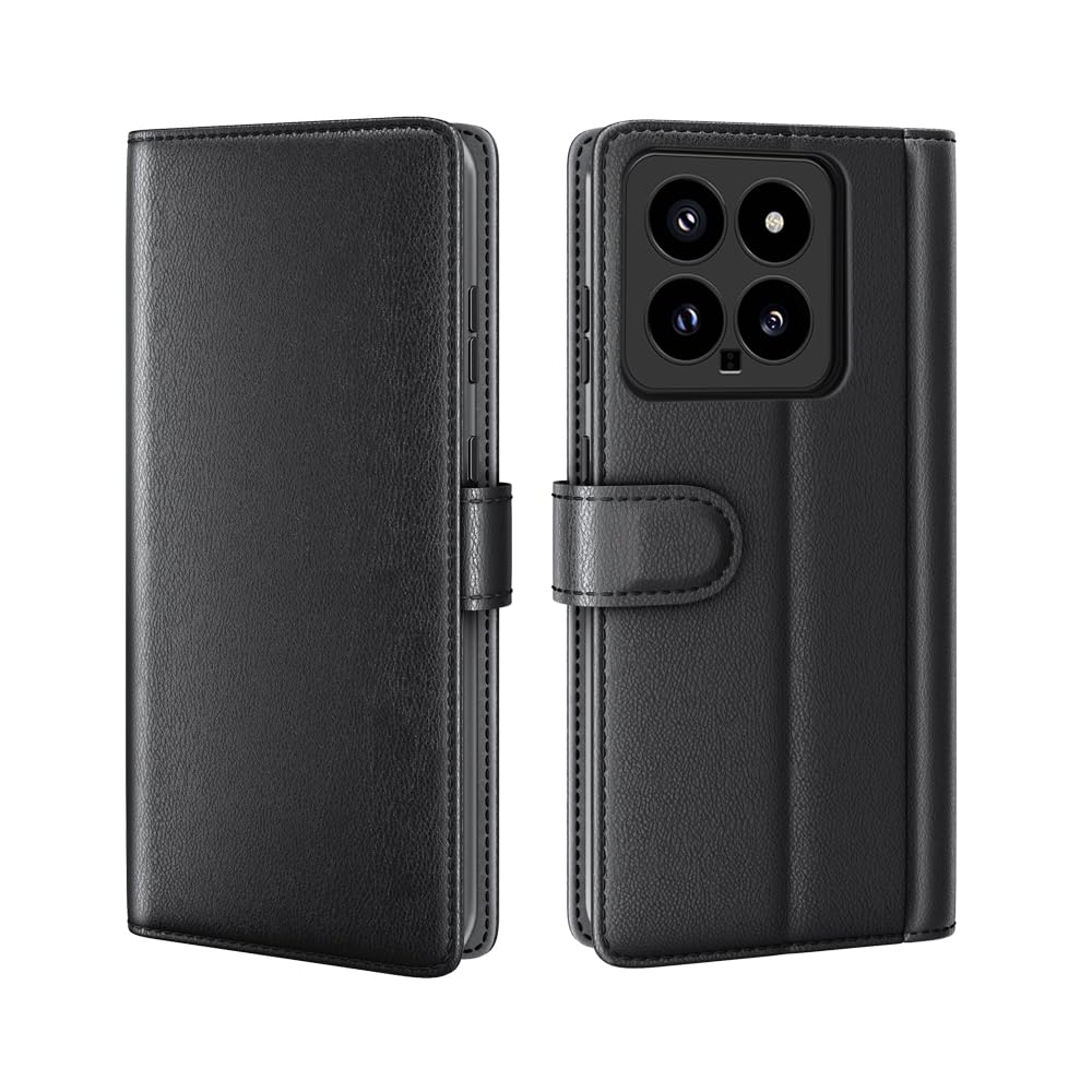 COQUE case for Xiaomi 14 Shell,Real Cowhide Flip Cover with Card Slot Leather Case for Xiaomi 14-Black