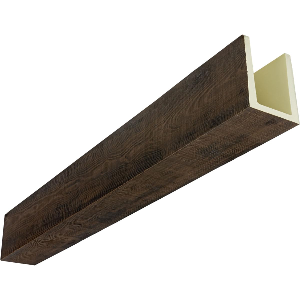 Photo 1 of ***Very Long Item*** Ekena Millwork 5 1/2"W x 5 1/2"H x 240"L 3-Sided (U-Beam) Rustic Sawn HeritageTimber Faux Wood Ceiling Beam, Kona Brown
