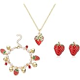 coadipress 3PCS Strawberry Jewelry Set for Women Cute Sweet Strawberry Fruit Pendant Necklace Dainty Fashion Strawberry Rhinestone Bracelet Birthday Party Charm Jewelry