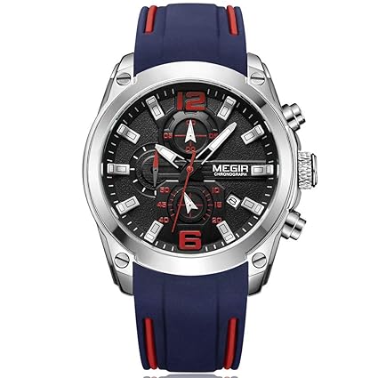 MEGIR Blue Chronograph Silicone Strap Stopwatch,Date for Men 2063