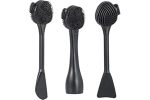Silicone Facial Cleansing Brush 3 Pack, Beomeen 4 in 1 Handheld Face Scrubber for Deep Gentle Exfoliating, Double-Ended Face Wash Scrub Brush for Face Skincare and Massage (Black)