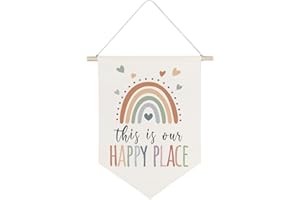 QODUNG This Is Our Happy Place,Nursery Kids Playroom Decor,Canvas Hanging Pennant Flag Banner Wall Sign Decor for Home Kids Room Bedroom Livingroom