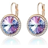 Round Austrian Crystal Halo Drop Leverback Earrings for Women 14K Gold Plated Hypoallergenic Earrings
