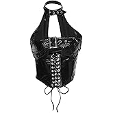 Floerns Women's Y2K Punk Cut Out Lace Up Halter Top Backless Grommet Buckle PU Leather Crop Tops