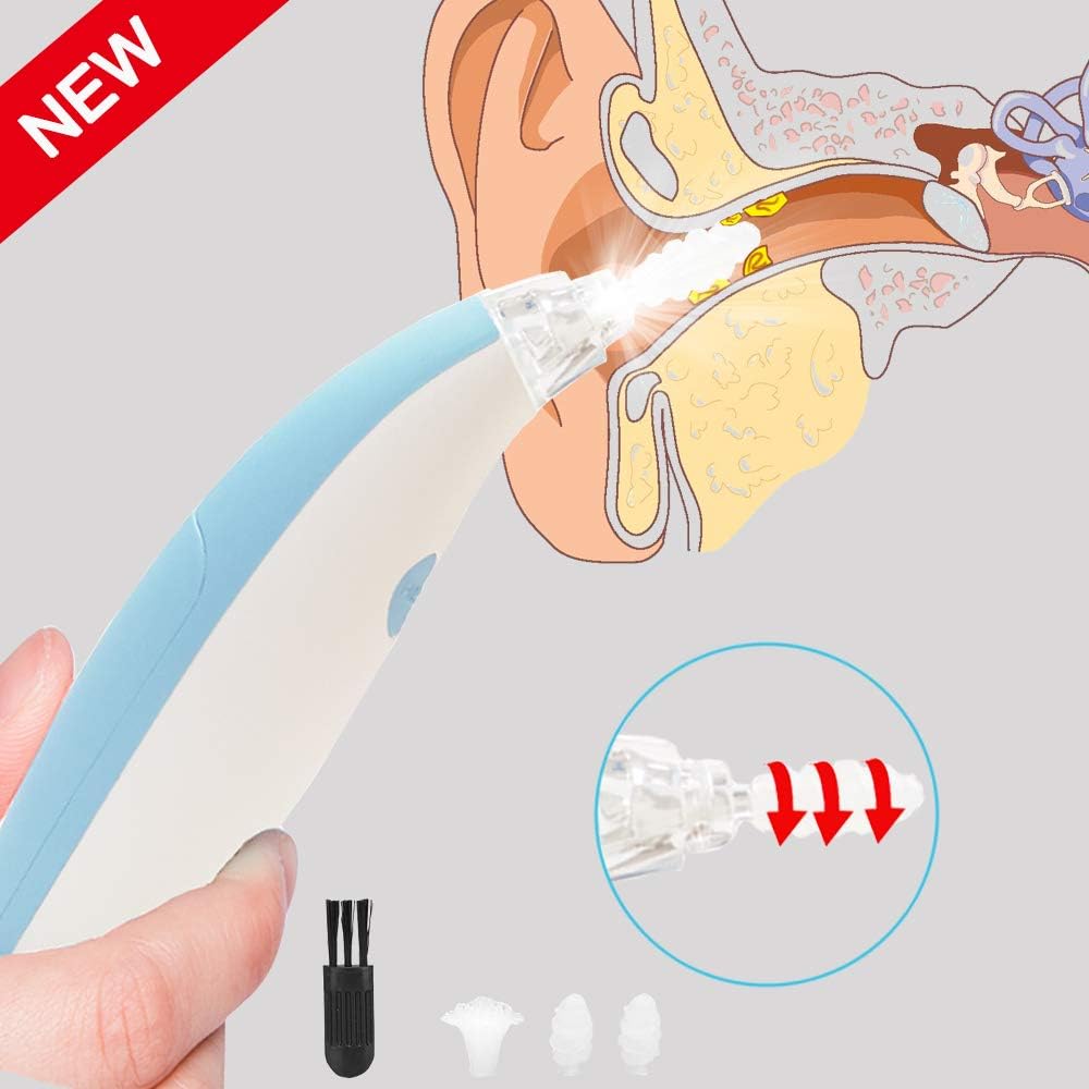 Ear Wax Removal Kit Tool, Spiral Ear Wax Cleaner Kit for Humans, Ear Pick with 4 Silicone Spiral Tips, Safe and Comfortable Earwax Removal Tool with LED Lights for People of All Ages (Blue)