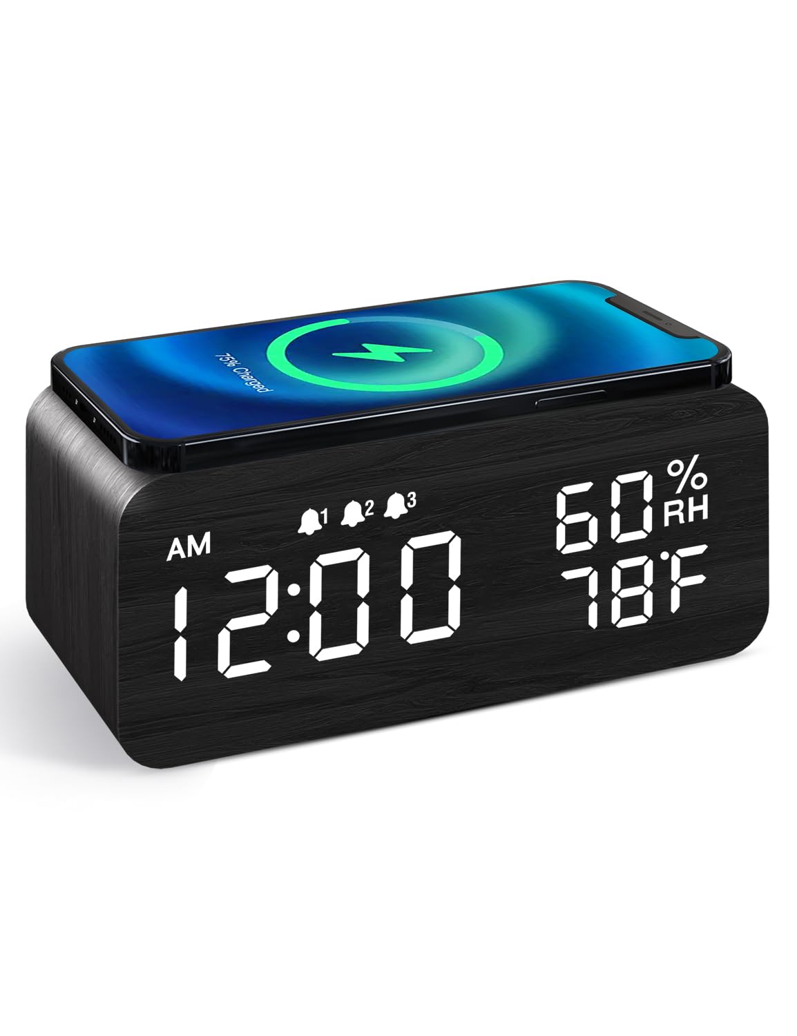 JALL Wooden Digital Alarm Clock With Wireless Charging, Dimmable