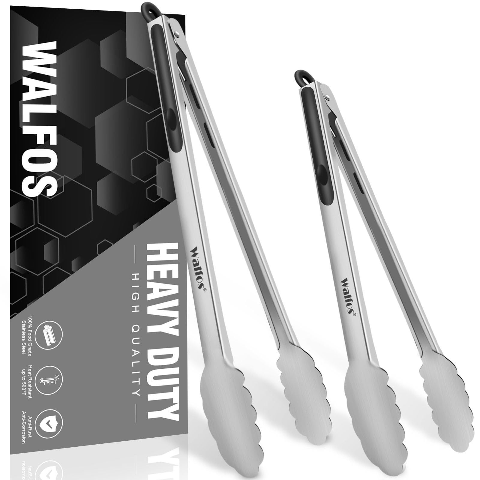 Walfos Locking Kitchen Tongs - 30cm and 43cm Heavy Duty BBQ Tongs, Stainless Steel and Non-Slip Heat Resistant Handle - Great for Cooking, Turning and Barbecue (Set of 2)