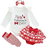 mlpeerw My First Valentines Day Baby Girl Outfit Newborn Long Sleeve Romper Heart Tutu Skirt Dress Cute 4pcs Spring Clothes